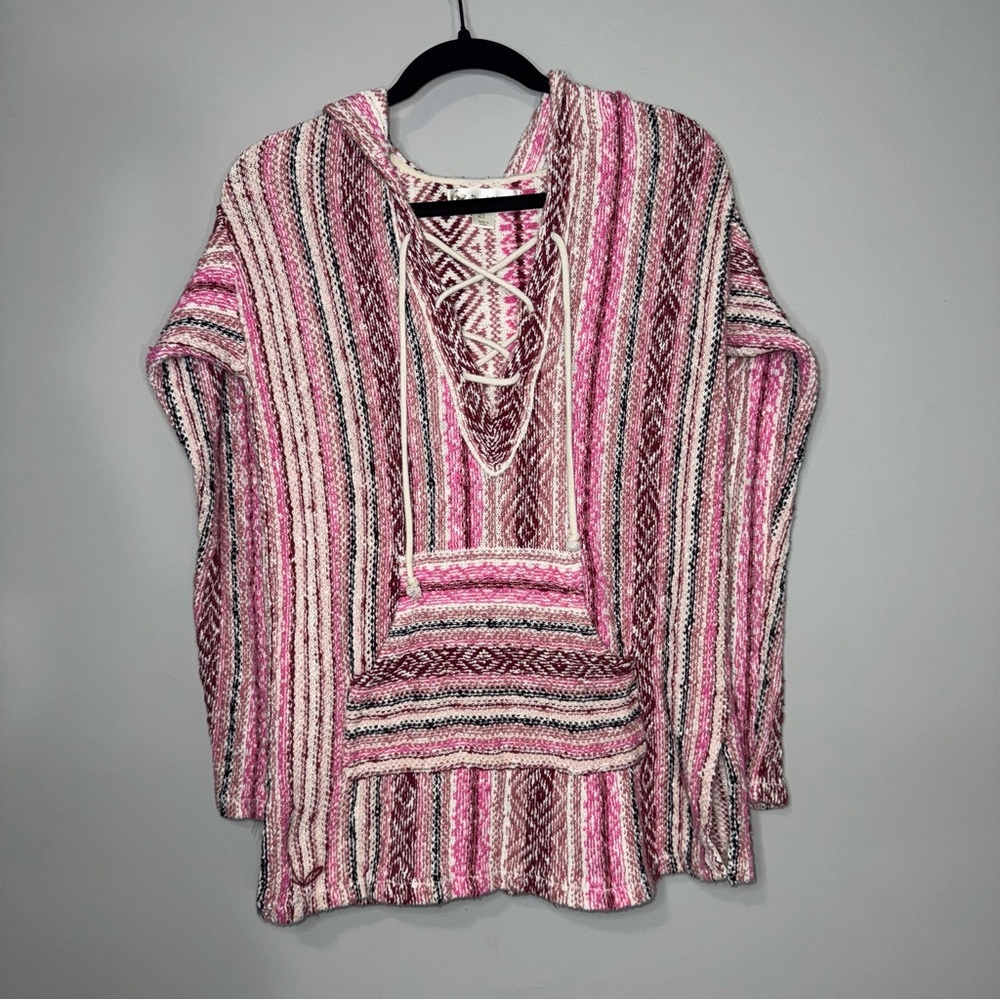 Kaisely Pink Striped Baja Hoodie Women Small Lace Up Woven Boho Pullover Sweater